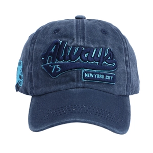 Detailed embroidery of Always text and New York City patch on blue washed cotton baseball cap