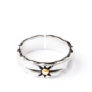 Detailed view of vintage silver feather ring featuring a gold sunburst icon on the band