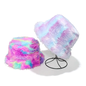 Rainbow tie-dye and macaron checkered thick plush faux fur bucket hats for winter