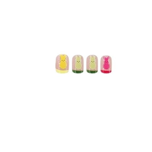 Short Easter press-on nails featuring glittery Peeps bunny designs and white lace patterns