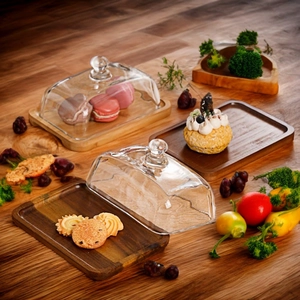 Rectangular acacia wood butter dish set with glass lid for cheese and snacks