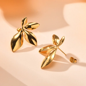 Elegant 18K gold plated stainless steel leaf stud earrings for women with a polished finish