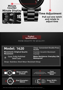 Macro detail of model 1620 black quartz watch with stainless steel case and dimensions