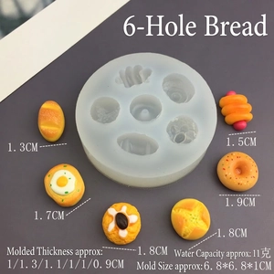 Detailed view of 6-cavity silicone mold for mini pastry and bread shapes with dimensions