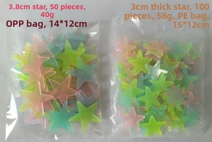 Detailed view of colorful glow in the dark star wall stickers in OPP and PE bags