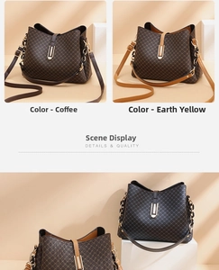 Detail view of vintage lattice bucket bag in coffee and earth yellow color options