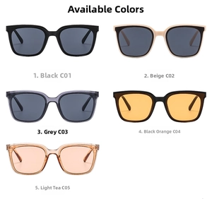 Selection of large square frame sunglasses in five assorted colors on a white background