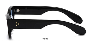 Side view of black rectangle sunglasses with golden star rivets and blue tinted lenses