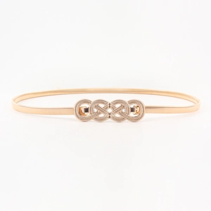 Detail of high-elasticity gold metal belt with elegant infinity symbol buckle design