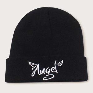 Unisex black knit beanie with white Angel embroidery and wings on folded cuff