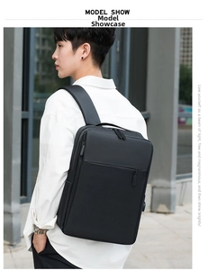 Waterproof black laptop backpack for men and women shown in a modern urban business setting