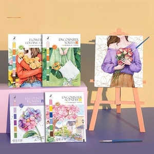 Detailed view of reusable water drawing cards with color palette and mini wooden easel