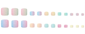 Flat lay of 24 pieces glitter gradient square press-on toenails in pastel rainbow colors