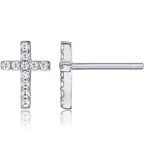 Detail view showing micro-pave cubic zirconia on S925 sterling silver cross stud earrings