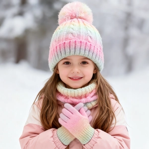 Regenbogen-Strickset für Mädchen mit Zopfmuster, Bommelmütze und Schal für den Winter