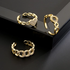 Elegant 18K Gold Plated Copper Open Adjustable Rings For Women Geometric Heart Chain Design Micro Pave Zircon Jewelry