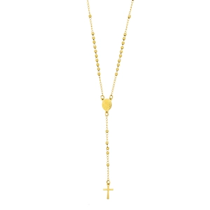 18K gold rosary necklace with polished beads and a minimalist cross pendant on white back