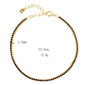 Detail of 1.5mm gold tennis chain with black zircons, 15+3cm length and 2.3g weight