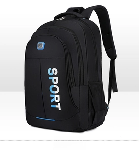 Side view of black durable Oxford backpack with blue sport print and mesh side pocket