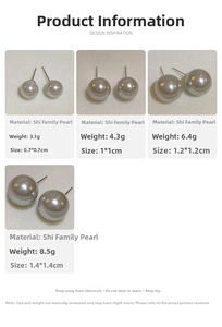 Detailed chart showing four sizes of grey pearl stud earrings from 0.7cm to 1.4cm diameter