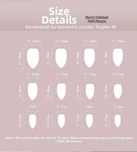 Size guide for short almond press-on nails featuring 12 precise width and length measurements