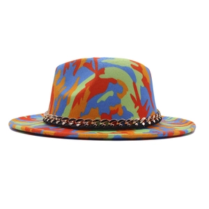 Abstract colorful graffiti fedora hat with a stylish gold chain decoration on white back