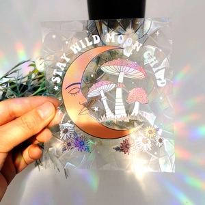 Rainbow prism window film with stay wild moon child holographic mushroom design