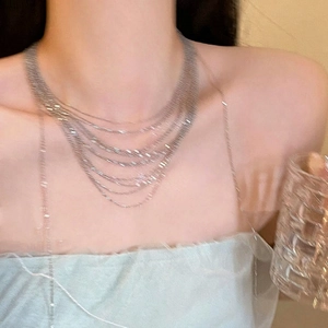 Multi Layer Chain Necklace For Women Alloy Silver Color Sparkling Tassel Choker Elegant Niche Jewelry Gift
