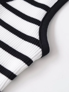 Macro shot of striped knit vest showing fine ribbed texture and detailed edging quality
