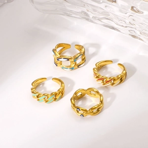 Gold-plated chain rings with colorful enamel drip oil designs in blue, white, and red