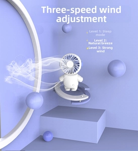 Detail of white astronaut fan showing three adjustable wind speeds in a 3D purple scene