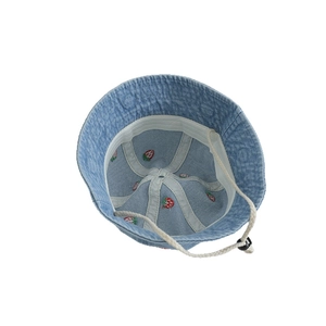 Light blue denim baby sun hat with strawberry embroidery and adjustable white drawstring