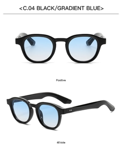 Detailansicht der runden Sonnenbrille C.04 in Schwarz mit blauem Verlaufsglas