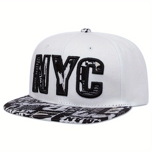 Flat brim snapback cap with white crown and NYC 3D embroidery featuring newspaper print