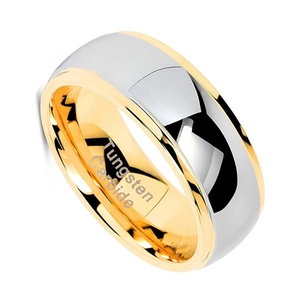 Polished two-tone tungsten carbide ring with silver exterior and 18K gold inner plating