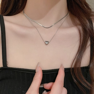 Minimalist silver double-layered choker necklace with heart pendant on snake chain