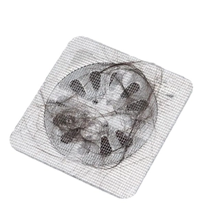 Square metal hair catcher sticker for bathroom floor drain showing effective hair filtering