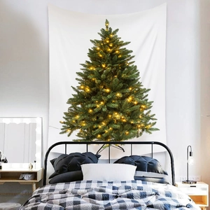Detailed Christmas tree tapestry with warm LED lights hanging over a bedroom bed frame