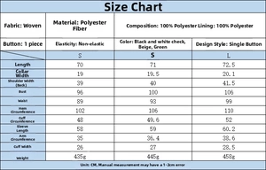 Detailed size chart and fabric specifications for the casual single-button blazer jacket