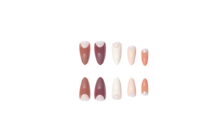 Almond-shaped French style press-on nails set in multicolor earth tones with white tips