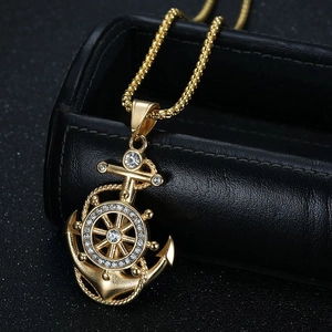 Gold hip hop ship anchor and helm pendant necklace with rhinestones on square pearl chain