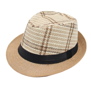 Classic trilby straw hat with checkered beige crown and black satin band for stylish men