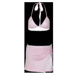 Flat lay detail of pink polka dot bikini set with halter top and side-slit tie skirt