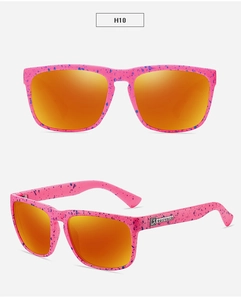 Pink frames with blue ink splashes and amber mirrored lenses shown in two views