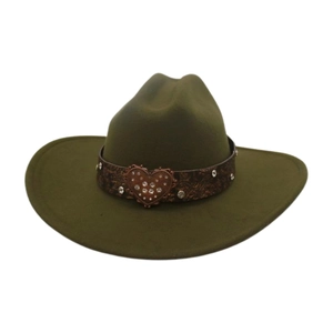 Olive green wool felt cowboy hat featuring a vintage rhinestone heart buckle and leather band