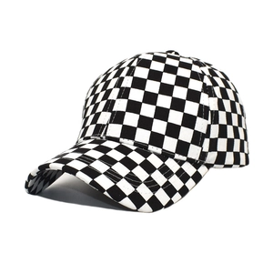 Checkboard baseball cap with black and white grid pattern for outdoor sun protection