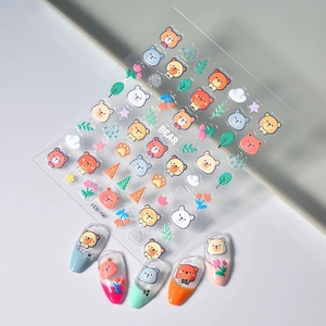 5D embossed kawaii bear nail art stickers with various cartoon patterns and examples