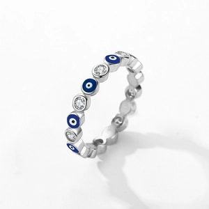S925 Sterling silver evil eye ring with blue enamel and sparkling zircon stones
