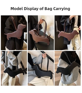 Detailed views of dachshund-shaped leather tote bag shown in brown and black colors