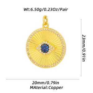 Detailed copper evil eye charm dimensions showing 23mm height and 20mm width in gold